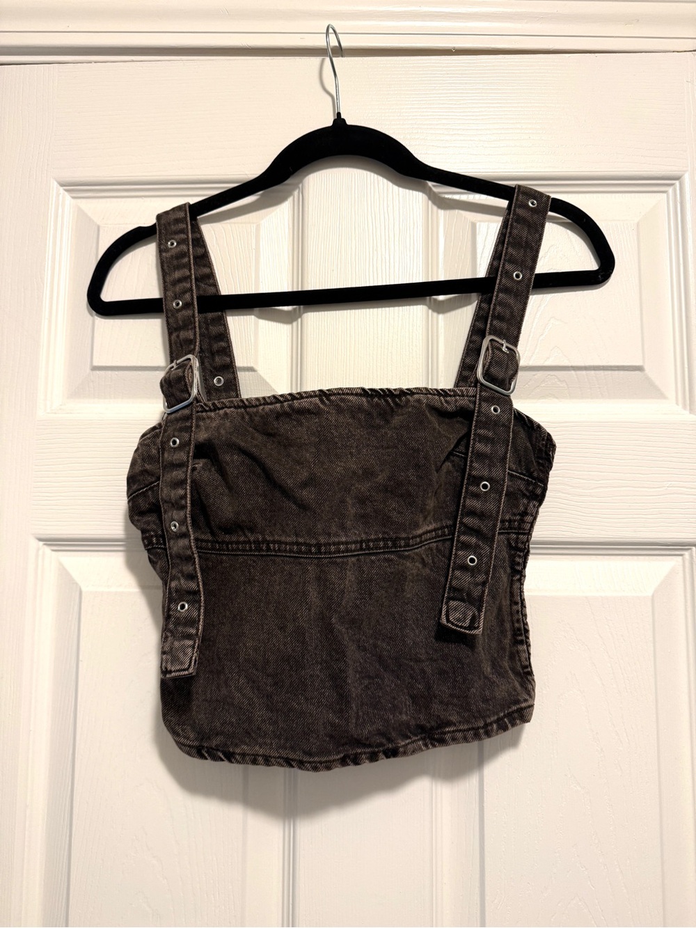 Zara Washed Black Denim Buckle Strap Crop Top - Picture 2 of 5